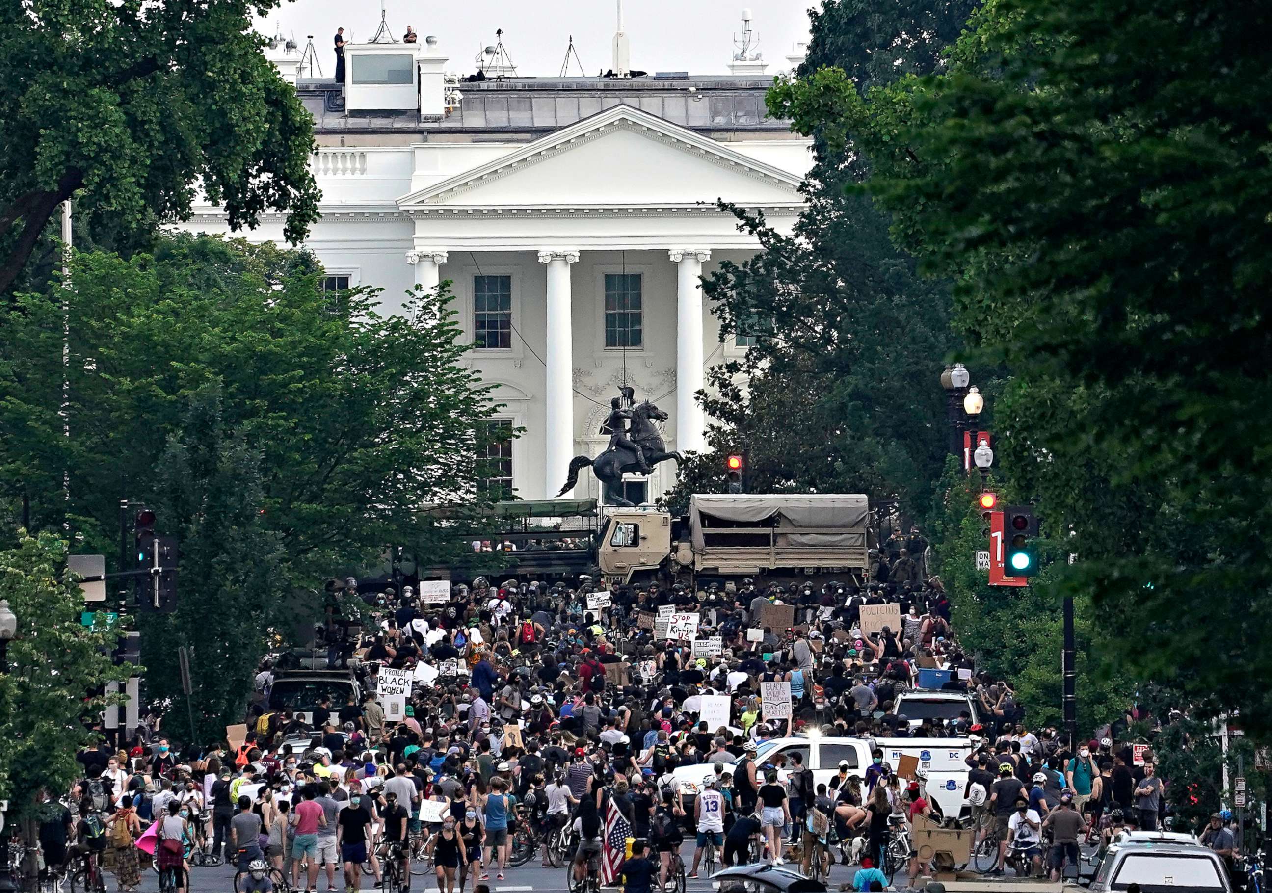 PHOTO: National Guard vehicles are used to block 16th Street near Lafayette Park and the White House as Demonstrators participate in a peaceful protest against police brutality and the death of George Floyd, June 3, 2020 in Washington.