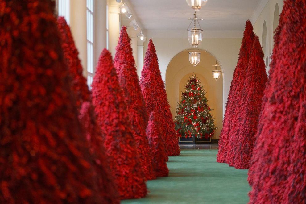 PHOTO: Topiary trees line the East colonnade during the 2018 Christmas Press Preview at the White House in Washington, Nov. 26, 2018.