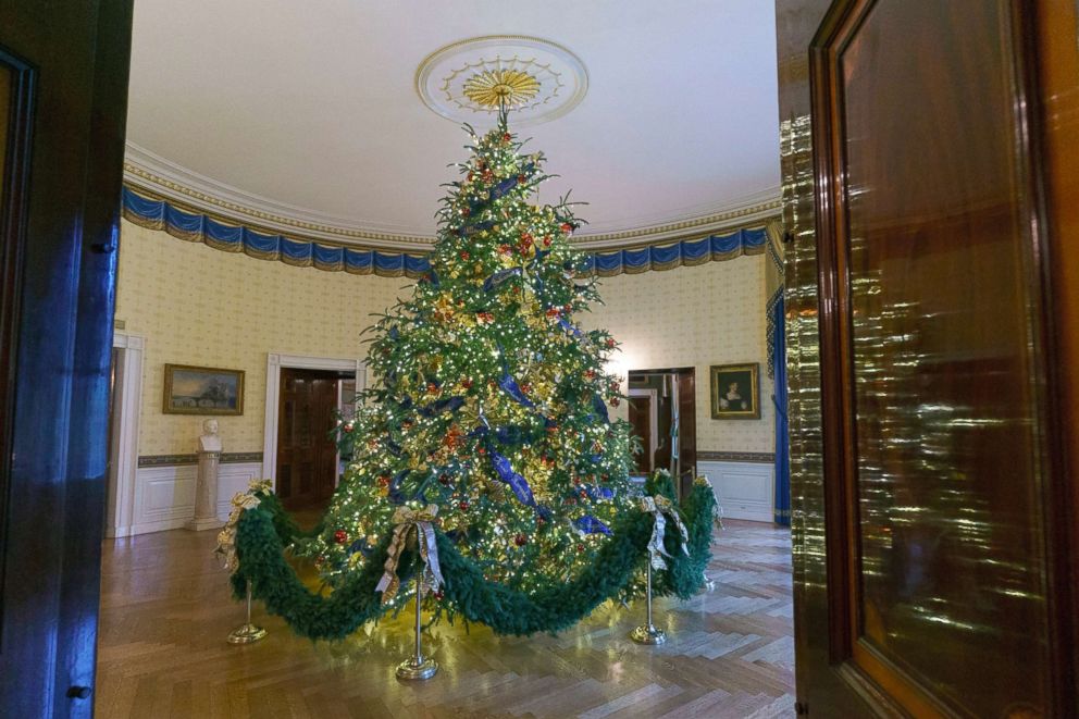 PHOTO: The official White House Christmas tree is seen in the Blue Room during the 2018 Christmas Press Preview at the White House in Washington, Nov. 26, 2018.