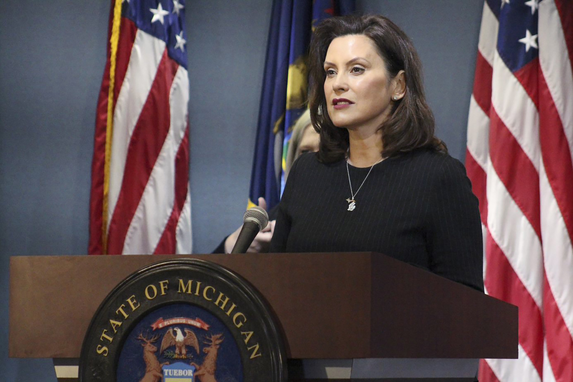 PHOTO: Michigan Gov. Gretchen Whitmer addresses the state during a speech in Lansing, Mich., April 29, 2020. The governor proposed free college for health care workers and others involved in the coronavirus fight.