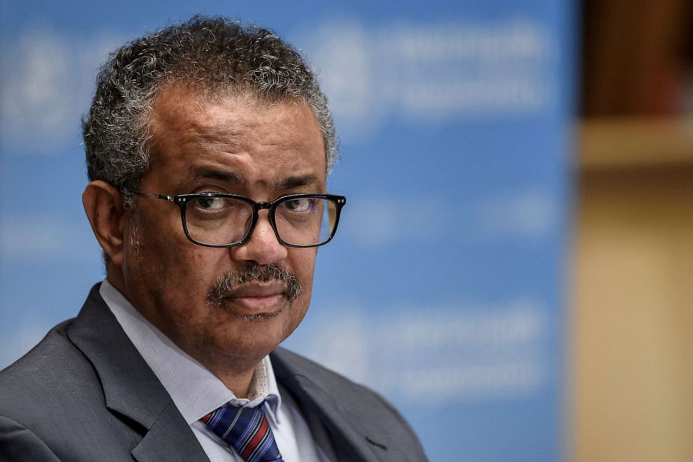 PHOTO: World Health Organization Director-General Tedros Adhanom Ghebreyesus attends a news conference organized by Geneva Association of United Nations Correspondents at the WHO headquarters in Geneva, Switzerland, July 3, 2020.