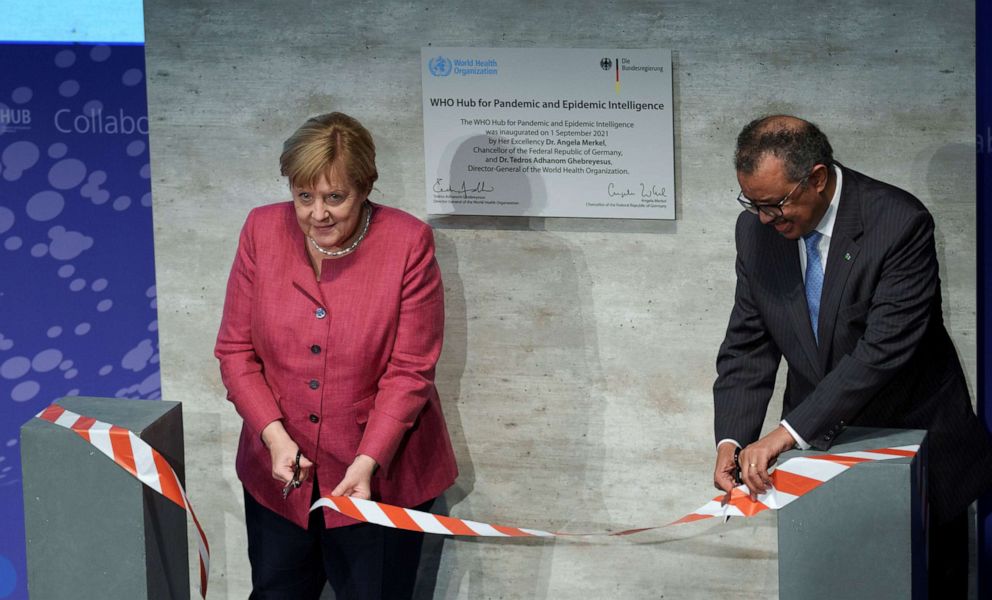 PHOTO: German Chancellor Angela Merkel, left, and Dr. Tedros Adhanom Ghebreyesus, director-general of the World Health Organization (WHO), attend the inauguration ceremony of the "WHO Hub For Pandemic and Epidemic Intelligence" in Berlin on Sept. 1, 2021.