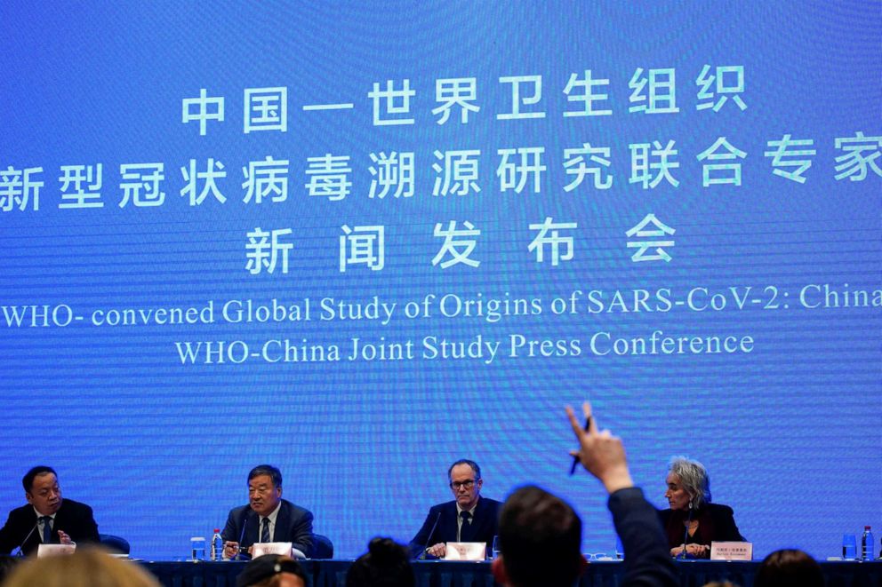 PHOTO: An international team of experts from the World Health Organization tasked with investigating the origins of the coronavirus pandemic attend a joint press conference with their Chinese counterparts at a hotel in Wuhan, China, on Feb. 9, 2021.