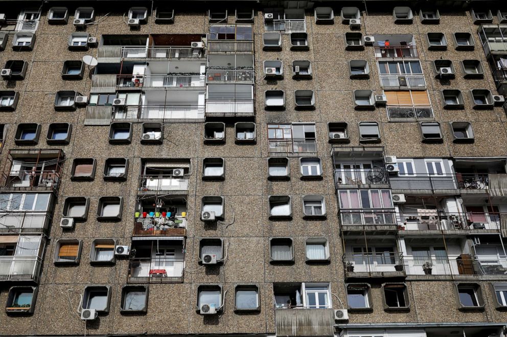 PHOTO: Windows face out of the building, known as the "TV building", on Block 28 neighbourhood in New Belgrade, Serbia, March 5, 2019.