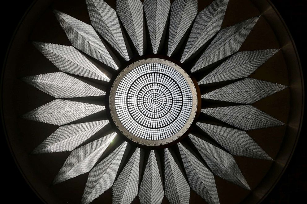 PHOTO: A crystal chandelier hangs beneath a nineteen meter dome weighing more than nine tonnes in Yugoslavia saloon inside the The Palata Srbija building, Belgrade, Serbia, July 1, 2019.