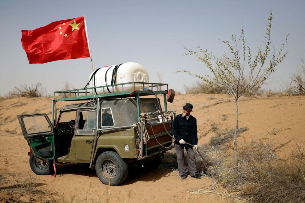 PHOTO: Wang Tianchang, 78, waters a tree planted on the edge of the Gobi desert on the outskirts of Wuwei, China, April 15, 2021.