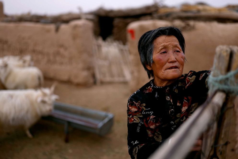 PHOTO: Ding Yinhua, 69, a shepherd, opens the gate of a pen for sheep and goats at her house in the Gobi desert in Minqin county, Wuwei, China, April 18, 2021.