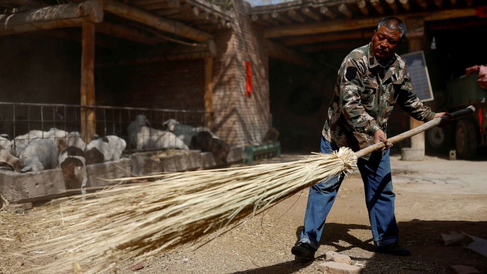 PHOTO: Wang Yinji, 53, cleans the backyard of his house in a village near the edge of the Gobi desert, on the outskirts of Wuwei, China, April 14, 2021.
