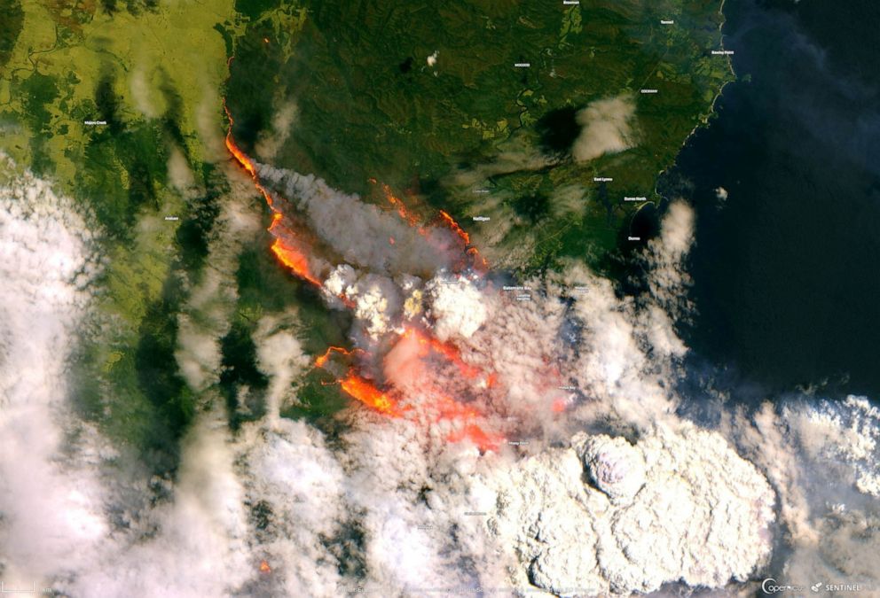 PHOTO:A satellite image of the Batemans Bay shows smoke and fire from wild bushfires in Australia, Dec. 31, 2019.  