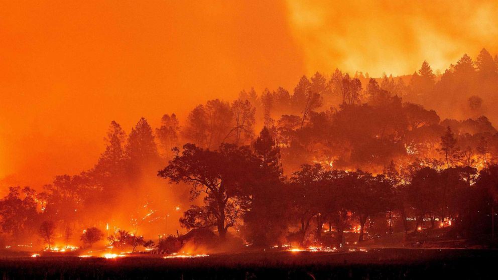 PHOTO: In this Sept. 27, 2020 file photo, the Glass fire burns in Napa County's St. Helena, Calif.