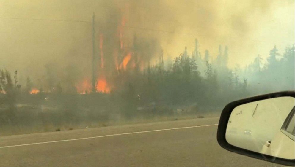 PHOTO: This screengrab from a video provided by Jordan Straker shows vehicles driving on the freeway as people evacuate from Yellowkife, Northwest Territories, Canada, on Aug. 16, 2023.