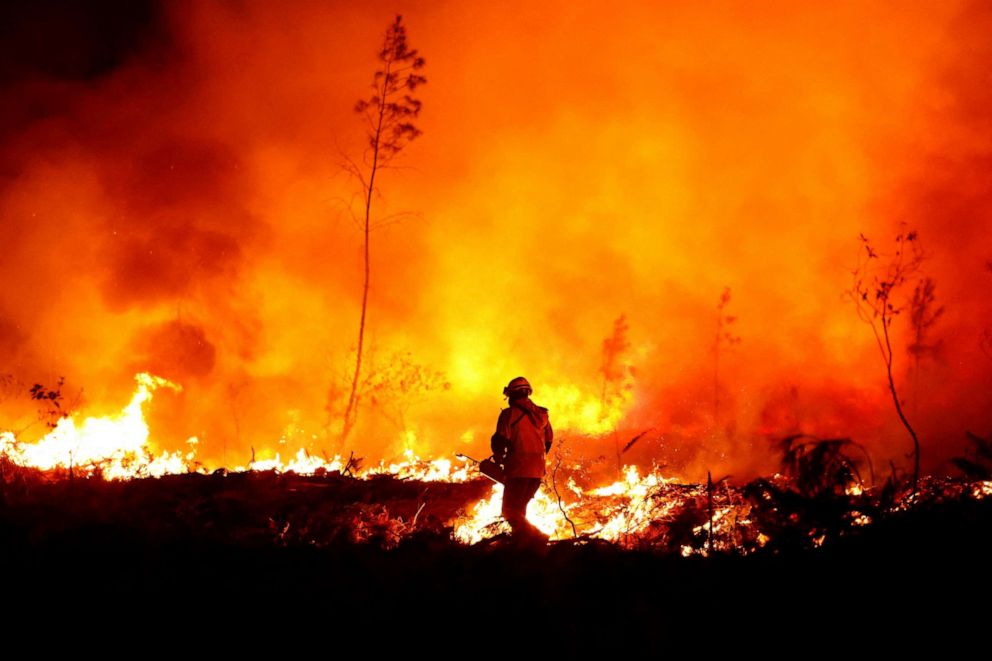 PHOTO: A firefighter creates a tactical fire in Louchats, France, as wildfires continue to spread in the Gironde region, on July 17, 2022.