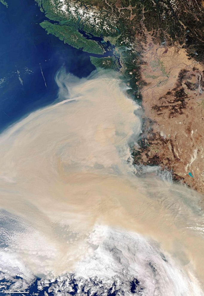 PHOTO: The smoke plume off the west coast of the states of Oregon, Washington and California is seen in this handout image from from Copernicus-Sentinel-3 satellite, Sept. 10, 2020.