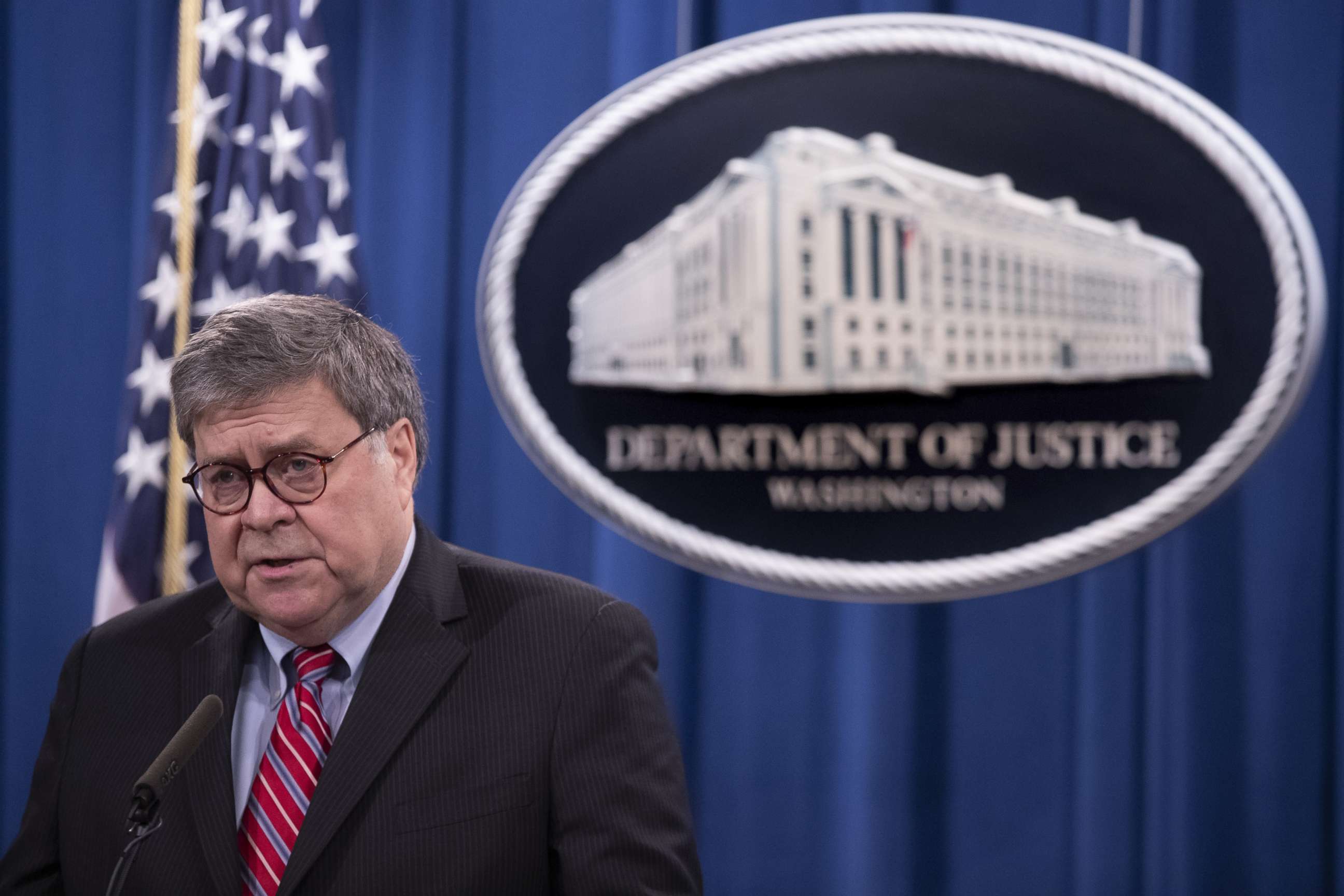 PHOTO: William Barr, U.S. attorney general, speaks during a news conference at the U.S. Department of Justice in Washington, Dec. 21, 2020.