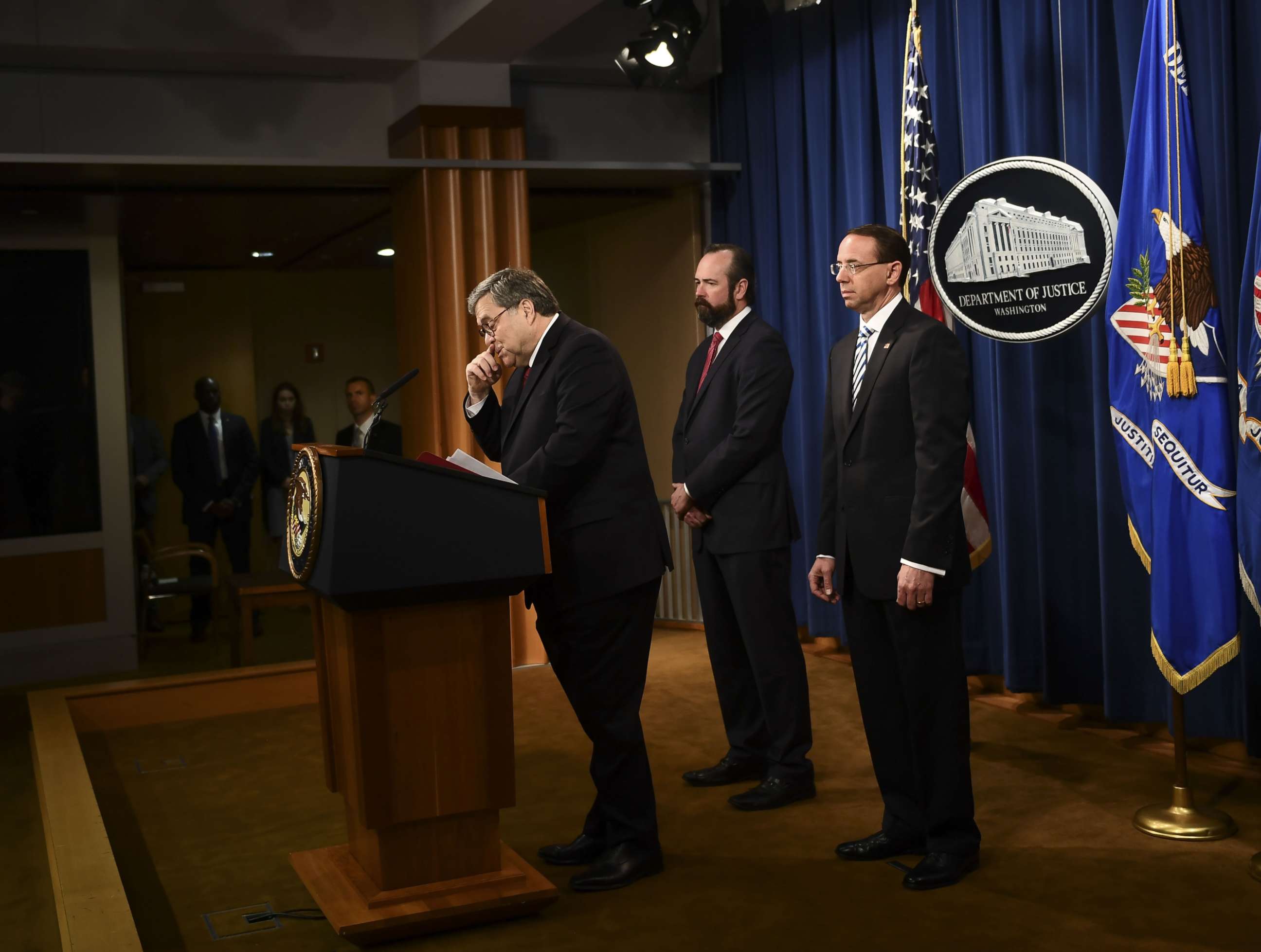 PHOTO: US Attorney General William Barr speaks about the release of the Mueller Report at the Department of Justice in Washington, April 18, 2019.