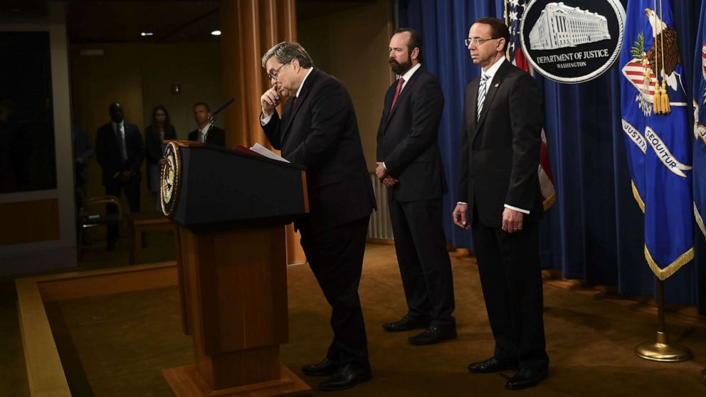 PHOTO: US Attorney General William Barr speaks about the release of the Mueller Report at the Department of Justice in Washington, April 18, 2019.