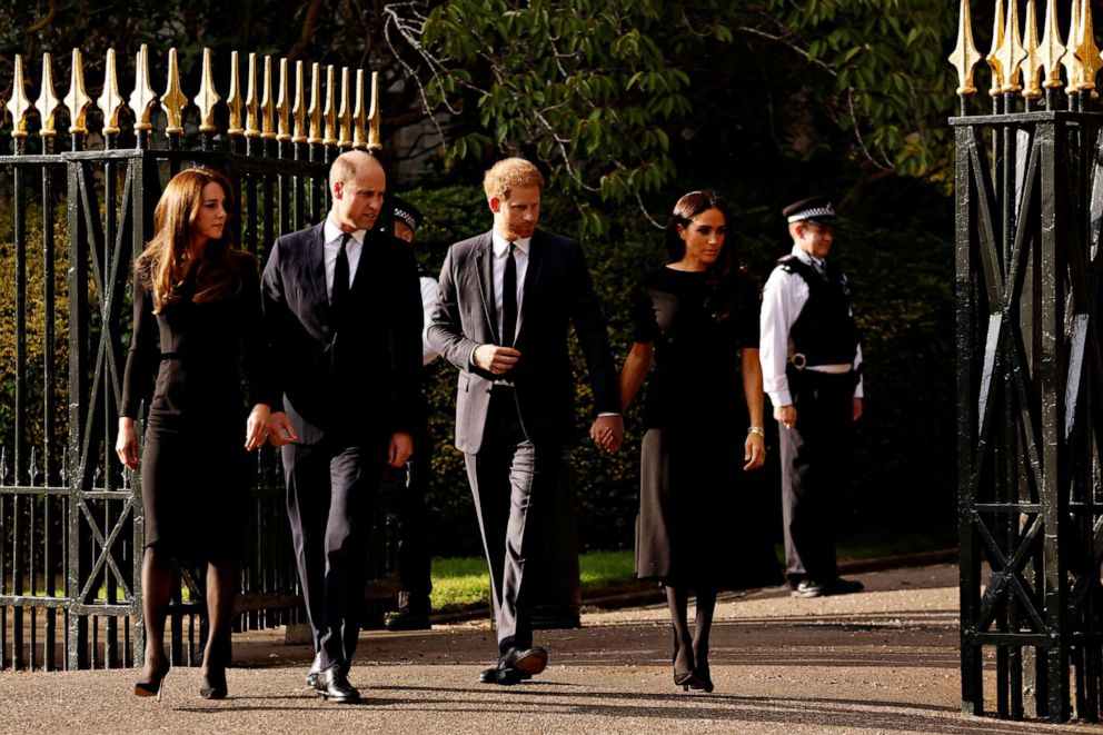 PHOTO: Britain's William, Prince of Wales, Catherine, Princess of Wales, Prince Harry and Meghan, the Duchess of Sussex, walk outside Windsor Castle, following the passing of Britain's Queen Elizabeth, in Windsor, Britain, Sept. 10, 2022.