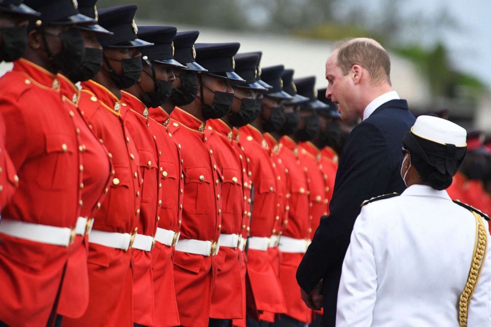 PHOTO: Prince William, Duke of Cambridge is greeted by a guard of honour of the Jamaica Defence Force in Kingston during his visit to Jamaica to mark the occasion of Her Majesty The Queens Platinum Jubilee on March 22, 2022.