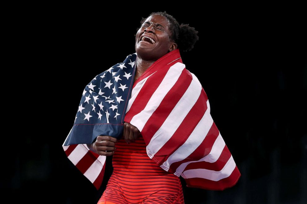 PHOTO: Tamyra Mariama Mensah-Stock of Team United States celebrates defeating Blessing Oborududu of Team Nigeria during the Women's Freestyle 68kg Gold Medal Match on day eleven of the Tokyo 2020 Olympic Games on August 03, 2021 in Chiba, Japan.