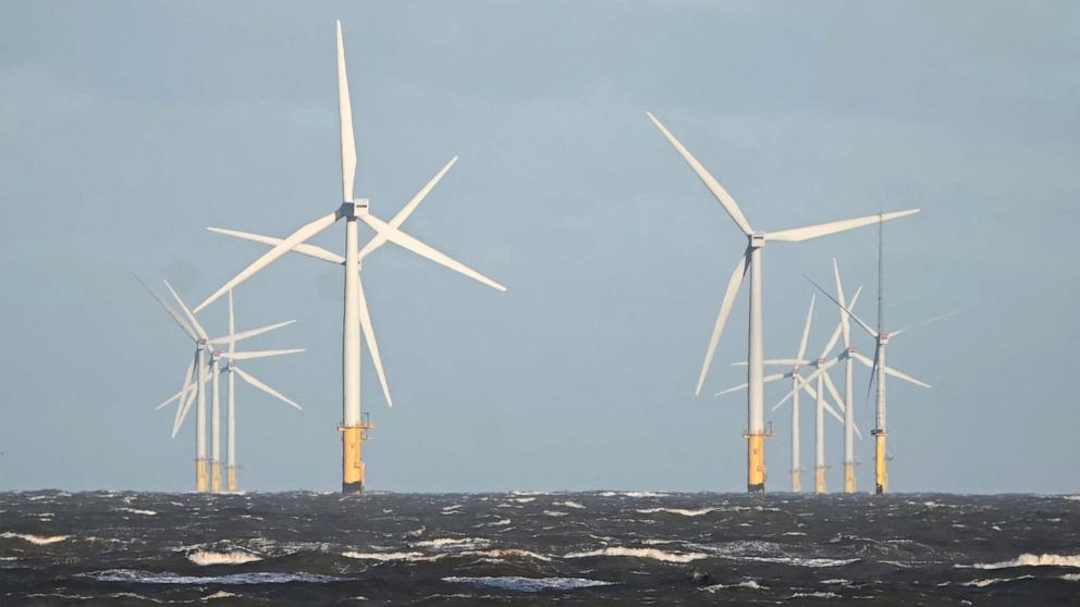 PHOTO: Turbines work in the wind at the Rhyl Flats, a 25 turbine wind farm off the north coast of Wales, U.K., Dec. 8, 2024.