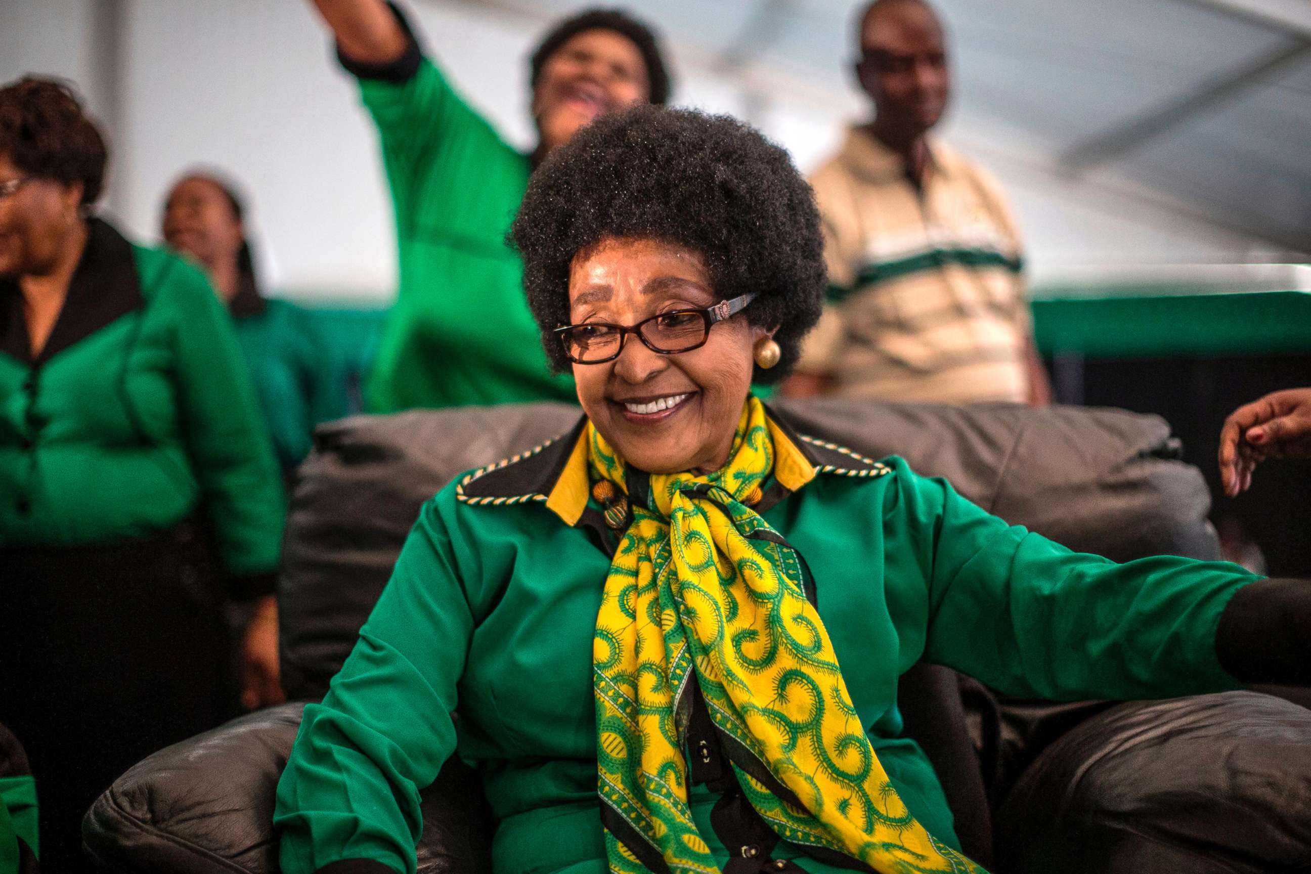 PHOTO: Africa National Congress stalwart Winnie Madikizela Mandela is greeted by Women League supporters gathered in Soweto to celebrate her 80th birthday, Sept. 26, 2016.