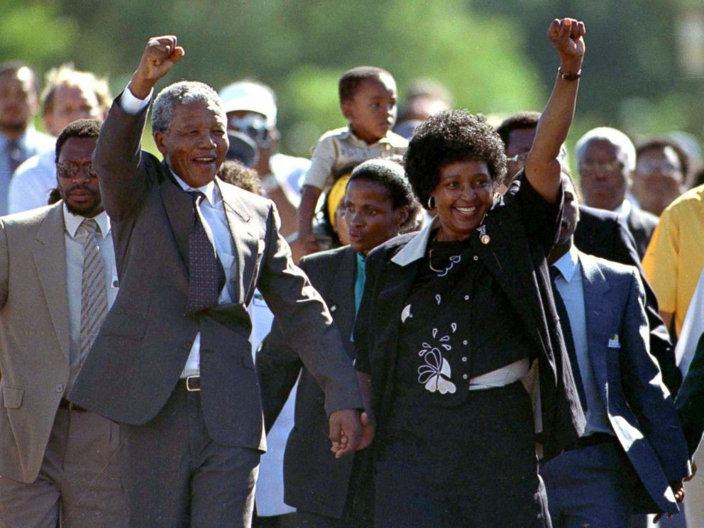 PHOTO: President Nelson Mandela is accompanied by his then wife Winnie, moments after his release from prison near Paarl, South Africa,  Feb. 11, 1990.