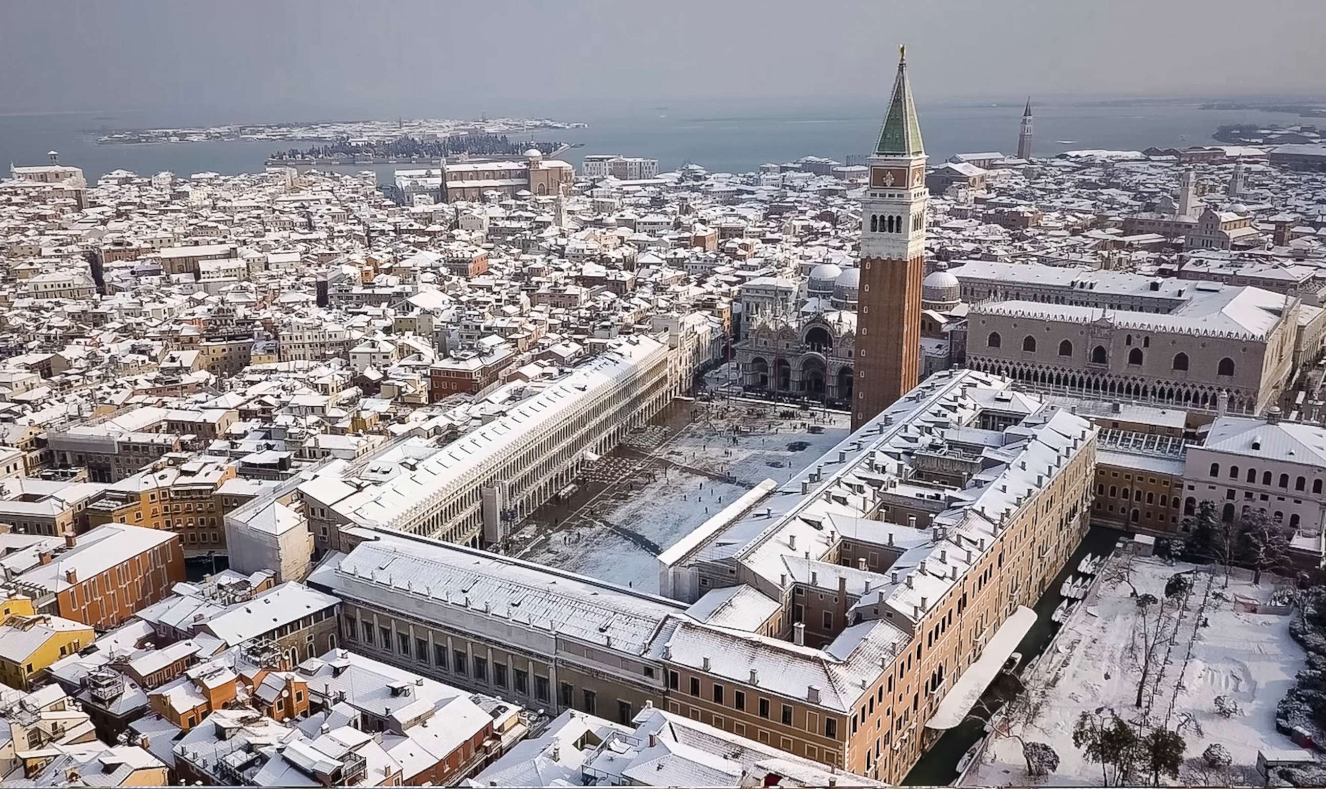 PHOTO: In this aerial image taken Wednesday, Feb. 28, 2018, Venice's St. Mark's Square, northern Italy, is covered by a blanket of snow as freezing weather from a Siberian cold snap persists in large part of the country. 