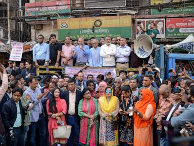 Supporters of Bangladesh Nationalist Party march in protest at attacks in India