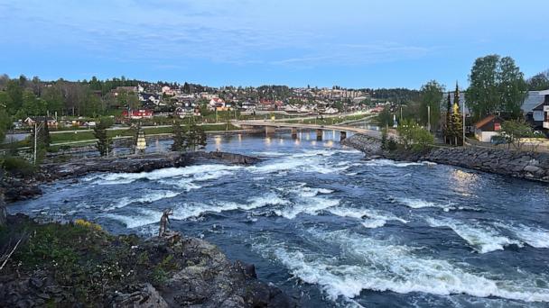The town of Kongsberg, which is the headquarters of a defense company which makes missiles for Ukraine and is seen as a potential target for sabotage, is seen in Norway Wednesday, May 7, 2025. (AP Photo/Emma Burrows)