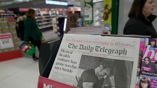 FILE -The Daily Telegraph newspaper with the front page of French President Emanuel Macron is seen at a supermarket in London, March 21, 2024. (AP Photo/Kin Cheung, File)