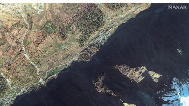 This combo shows the village of Blatten, in Switzerland, on Nov. 3, 2024, top, and on Thursday, May 29, 2025, bottom, after suffering a mudslide. (Maxar Technologies via AP)