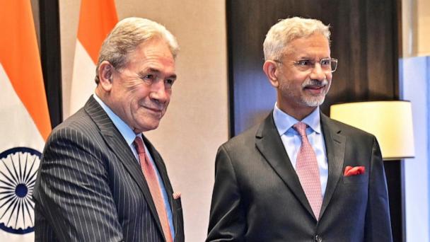 Indian Foreign Minister S. Jaishankar, right, poses for a photograph with New Zealand's Deputy Prime Minister and Foreign Minister Winston Peters in New Delhi, India, Thursday, May 29, 2025. (Indian Foreign Minister S. Jaishankar on X, via AP)