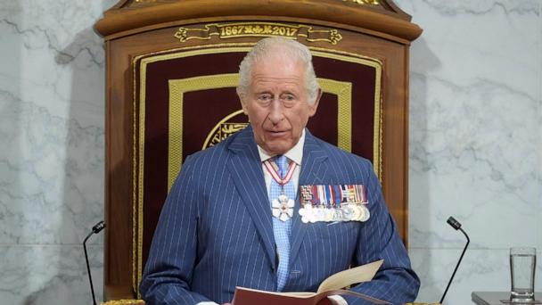 King Charles delivers the speech from the throne in the Senate in Ottawa, Canada on Tuesday, May 27, 2025. (Adrian Wyld/The Canadian Press via AP)