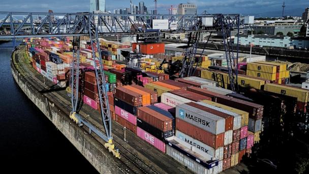 Containers are pictured at a cargo terminal in Frankfurt, Germany, Thursday, May 22, 2025. (AP Photo/Michael Probst)
