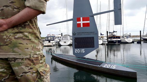 A Saildrone "Voyager", uncrewed surface vehicle (USV), is moored at the Koge Marina in Koge, eastern Denmark, Monday, June 16, 2025. (AP Photo/James Brooks)