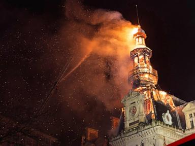 Fire damages a 19th century district town hall in Paris, leaving the bell tower at risk of collapse