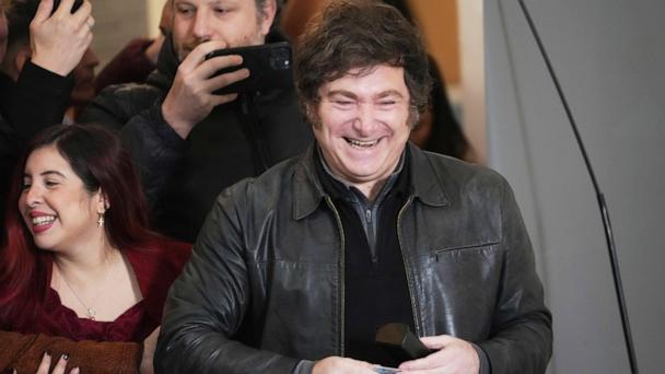 Argentina's President Javier Milei arrives to vote in city legislatures elections in Buenos Aires, Argentina Sunday, May 18, 2025. (AP Photo/Rodrigo Abd)