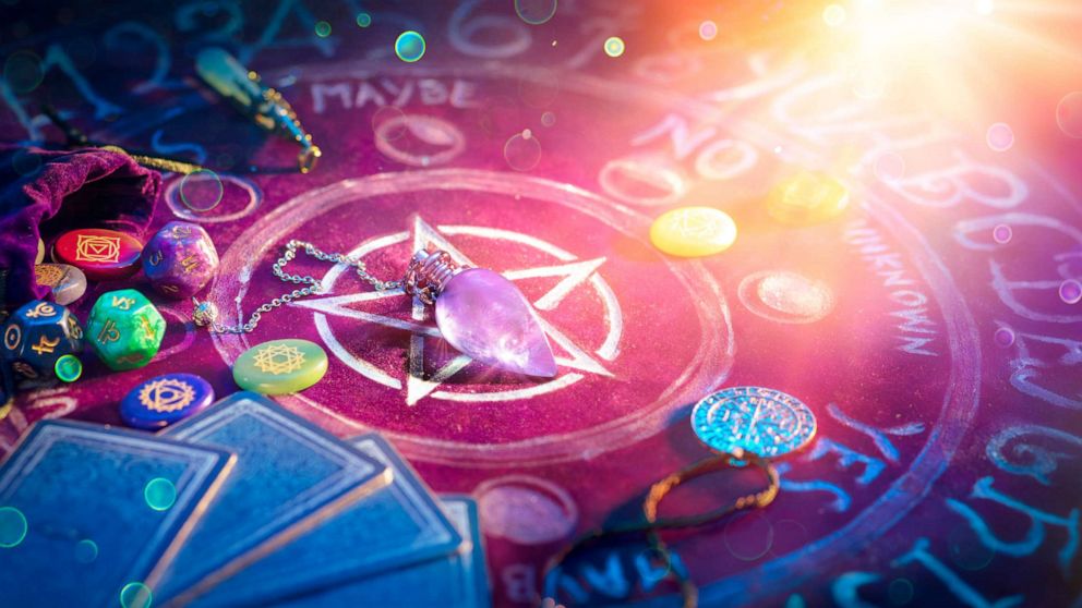 PHOTO: Tarot cards and crystals lay on a witchcraft altar display in an undated stock image.
