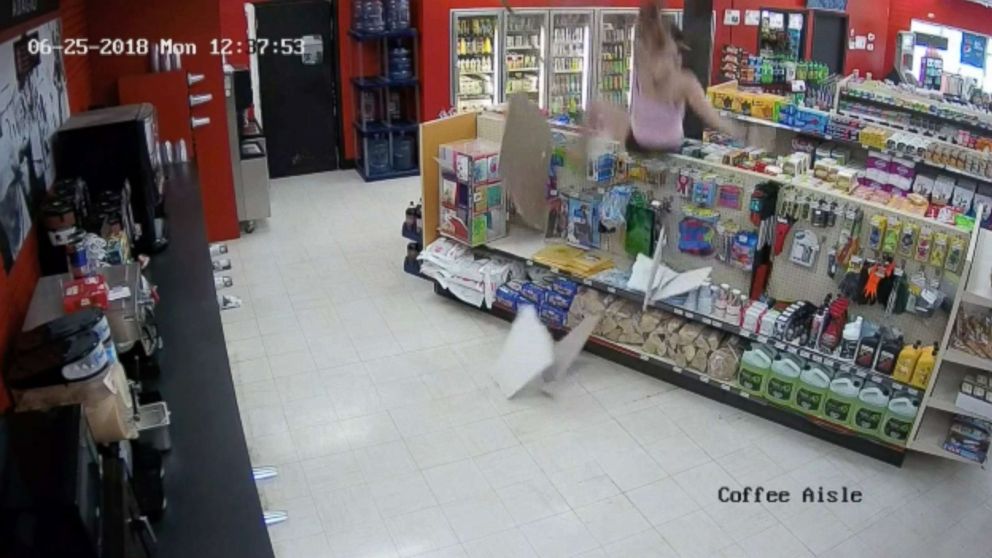PHOTO: 29-year-old Brittany Burke crashes through the ceiling of a minimart in Spruce Grove, Alberta after attempting to evade police.