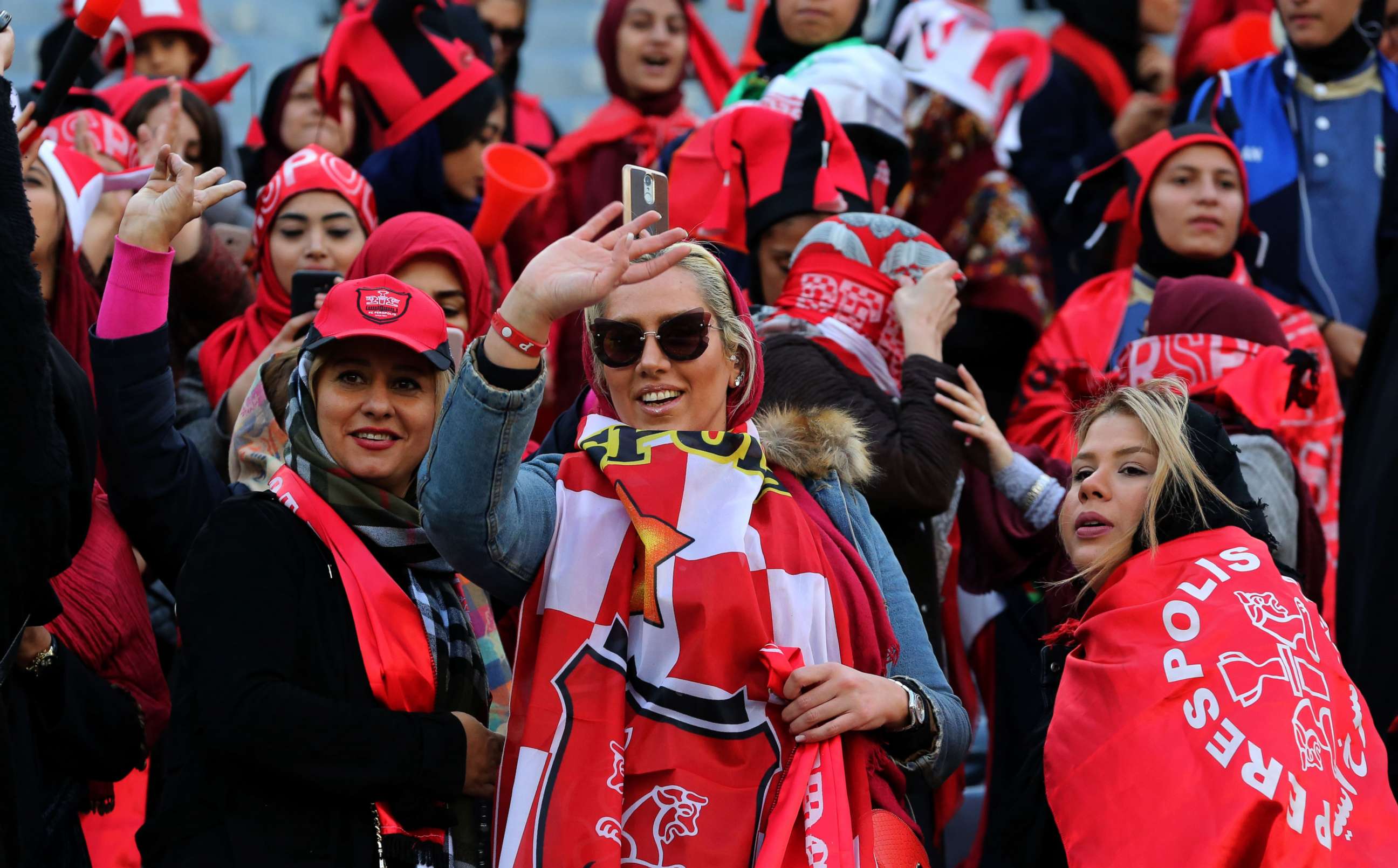 PHOTO: Female Iranian fans support their team on Nov. 10, 2018, at the Azadi Stadium in Tehran.