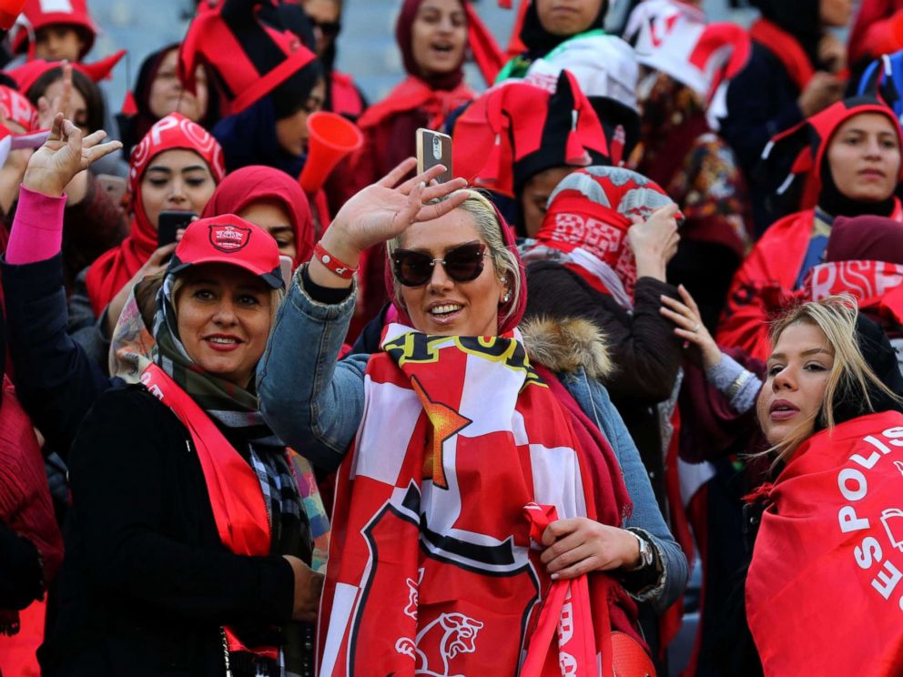 PHOTO: Female Iranian fans support their team on Nov. 10, 2018, at the Azadi Stadium in Tehran.