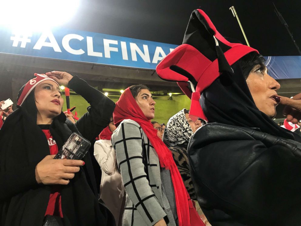 PHOTO: Female fans of the Iranian soccer team Persepolis react as the team misses the chance to score a goal in Tehran's Azadi Stadium, Nov. 10, 2018 in Iran.