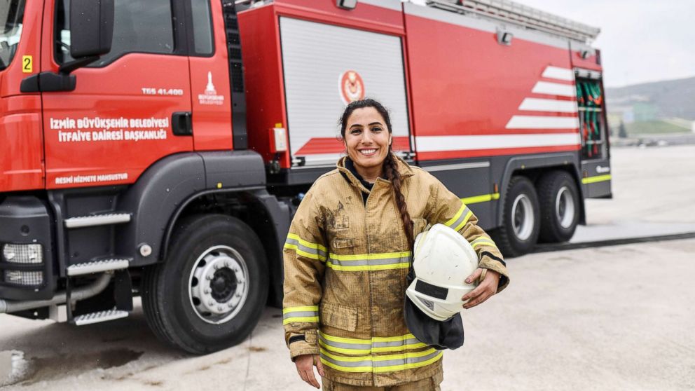 Devrim Ozdemir, a female firefighter, poses during a training session on Feb. 20, 2018, in Izmir, Turkey.