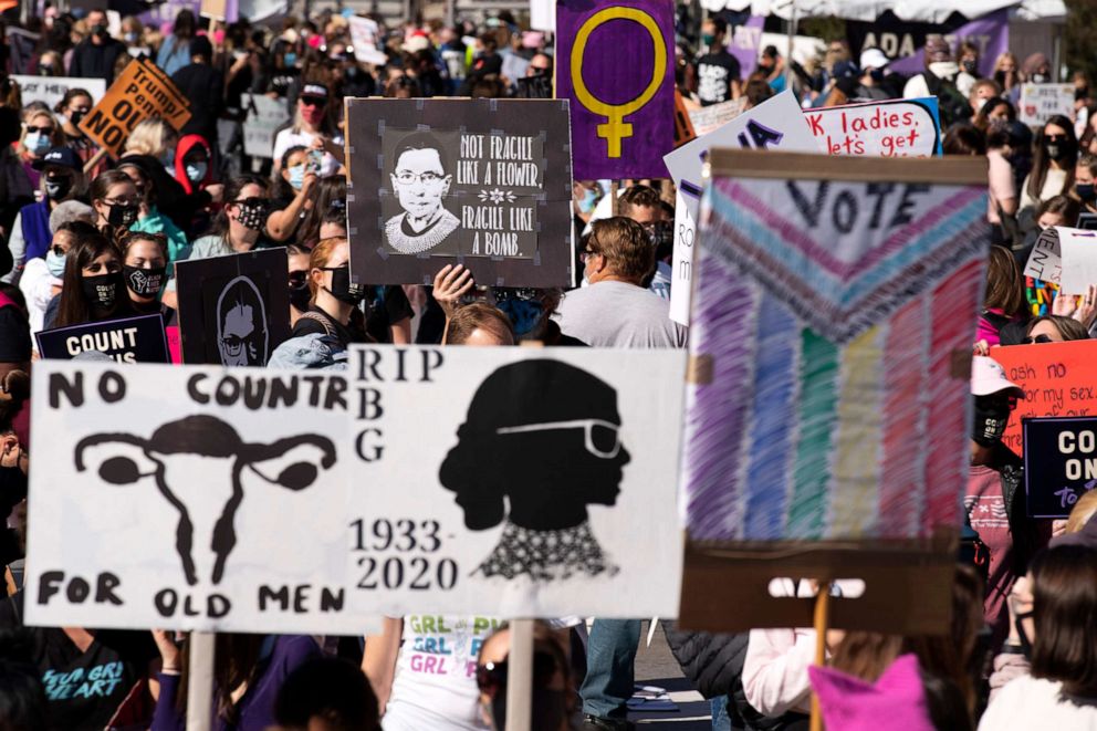 PHOTO: Demonstrators rally during the Women's March at Freedom Plaza, Oct. 17, 2020, in Washington.