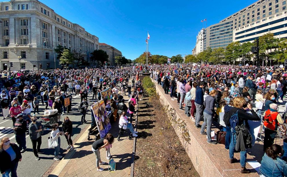 PHOTO: Demonstrators gather to take part in the nationwide Women's March on Oct. 17, 2020, at Freedom Plaza in Washington.