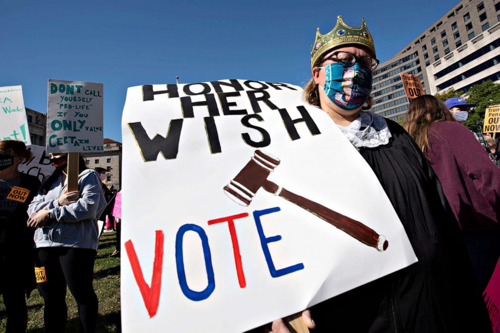 PHOTO: People rally during the Women's March at Freedom Plaza, Oct. 17, 2020, in Washington.