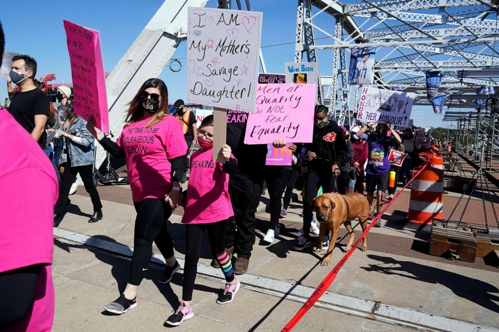 PHOTO: People take part in a Power Together Women's March, Oct. 17, 2020, in Nashville, Tenn.