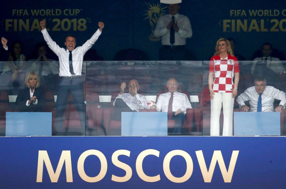 PHOTO: President of France Emmanuel Macron celebrates after France win the World Cup next to spouse Brigitte Macron, July 15, 2018, in Moscow.