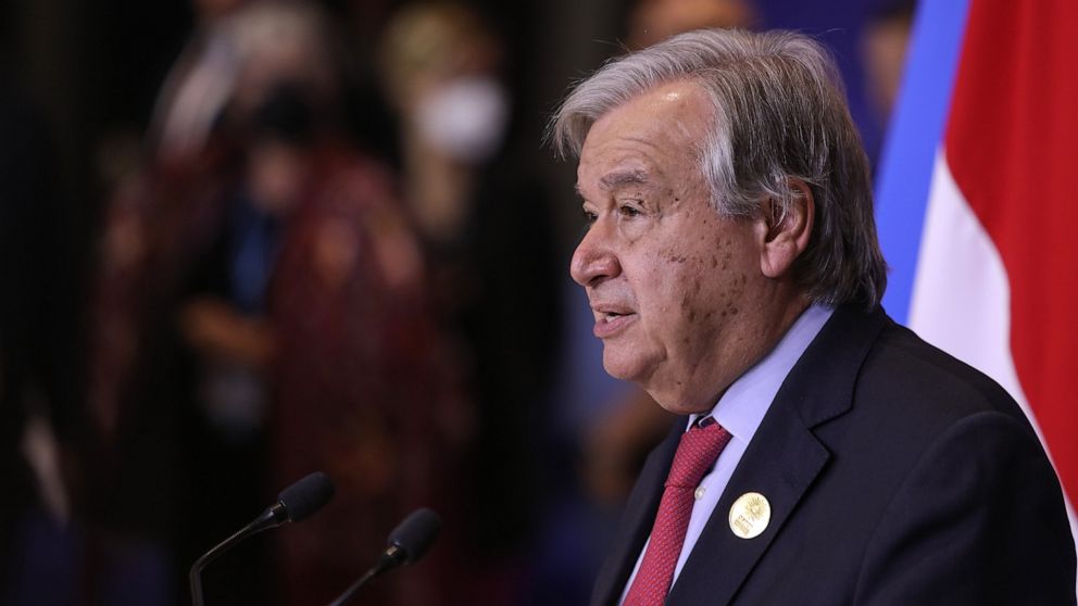 PHOTO: UN Secretary-General Antonio Guterres holds a news conference in Sharm el-Sheikh, Egypt, Nov. 17, 2022.