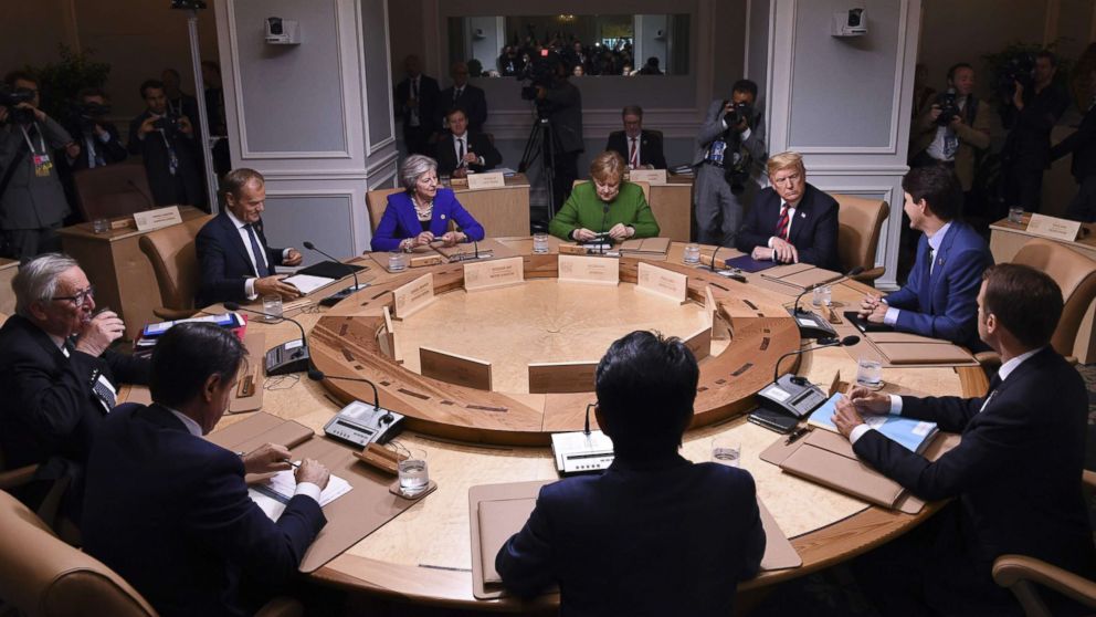 Leaders of the G7 participate in a working session of the G7 Summit in La Malbaie, Quebec, Canada, June 8, 2018.
